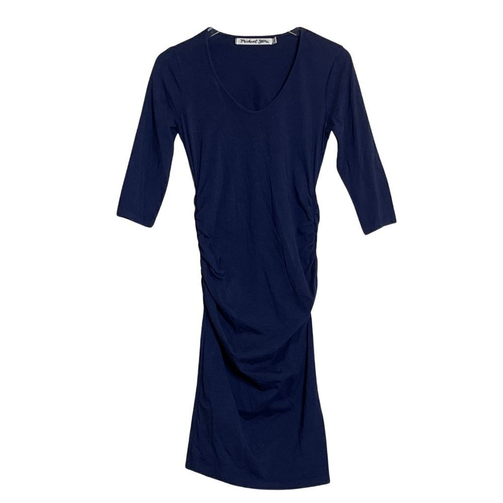 Michael Stars 3/4 Sleeve Ruched Sides Knit Midi Dress in Navy Sz. MP NEW